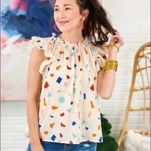 THML Ruffle Sleeve Tank Top Small Cotton Multicolor Abstract Print Boho Blouse